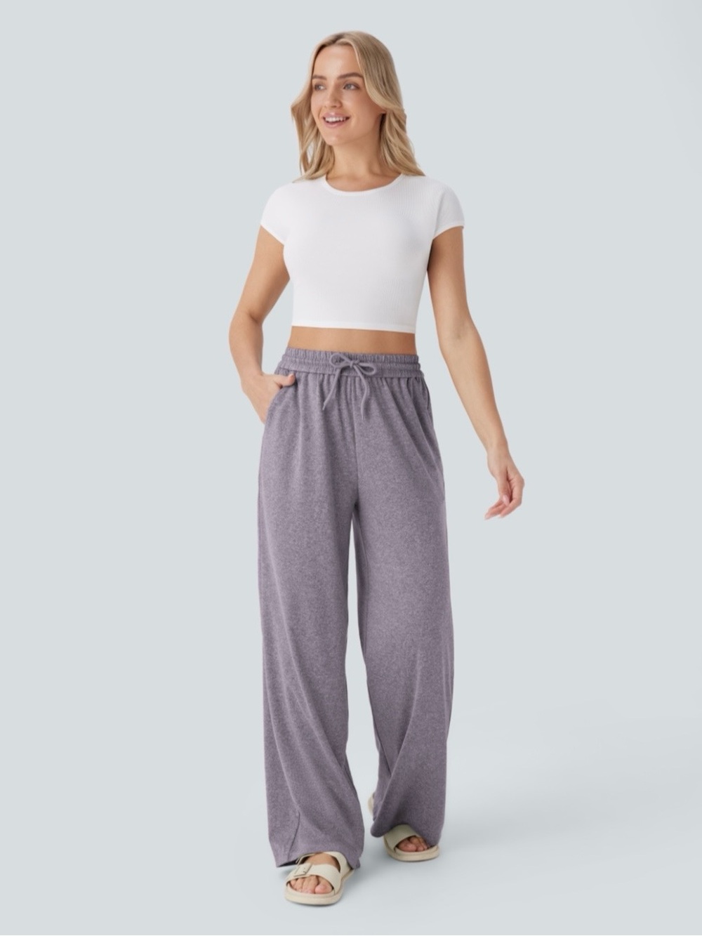 Halara Wide-Leg Drawstring Lounge Pants - Lavender Gray